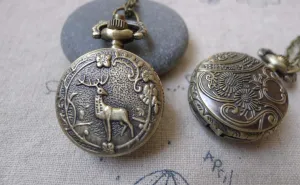 1 PC Antique Bronze Deer Flower Pocket Watch A7198