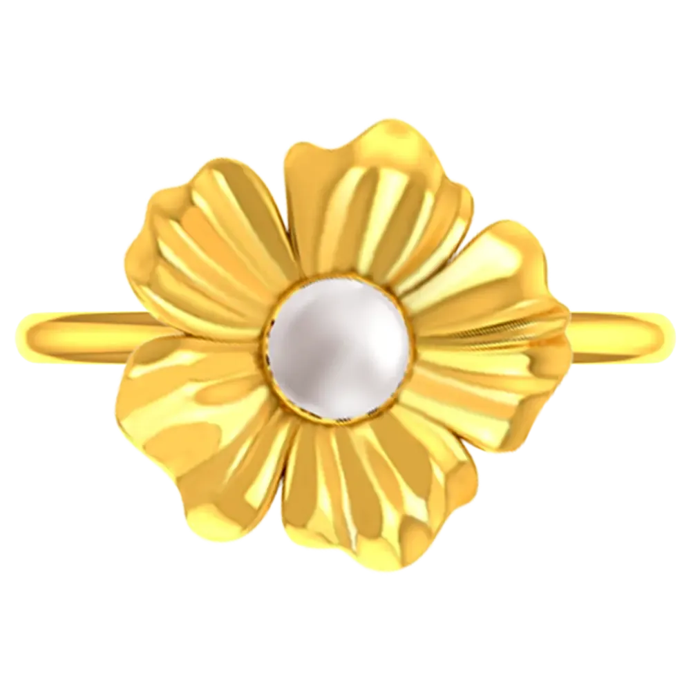 14k Solid Gold Ring With A Floral Motif And A Pearl In Between