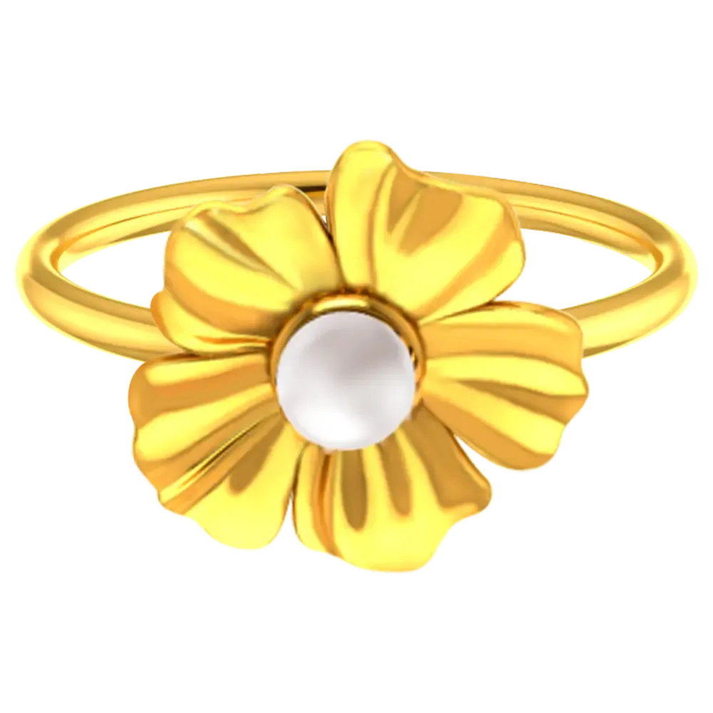 14k Solid Gold Ring With A Floral Motif And A Pearl In Between