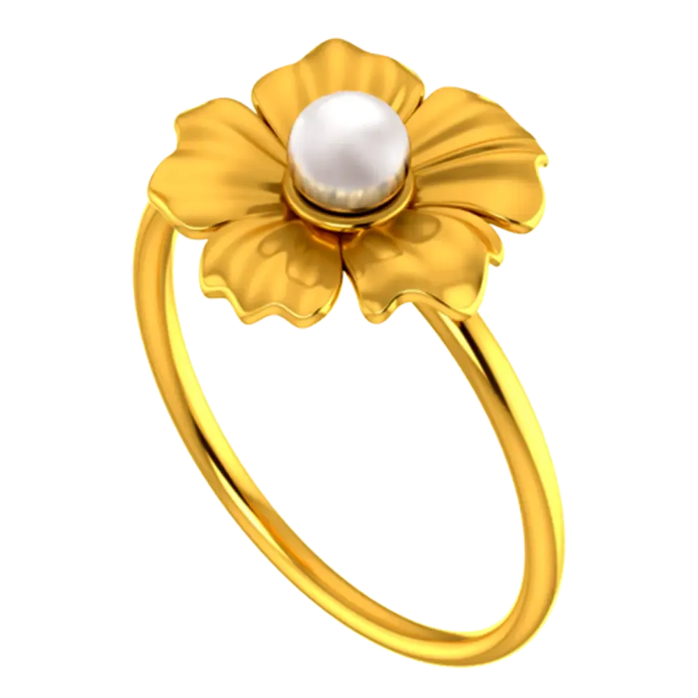 14k Solid Gold Ring With A Floral Motif And A Pearl In Between