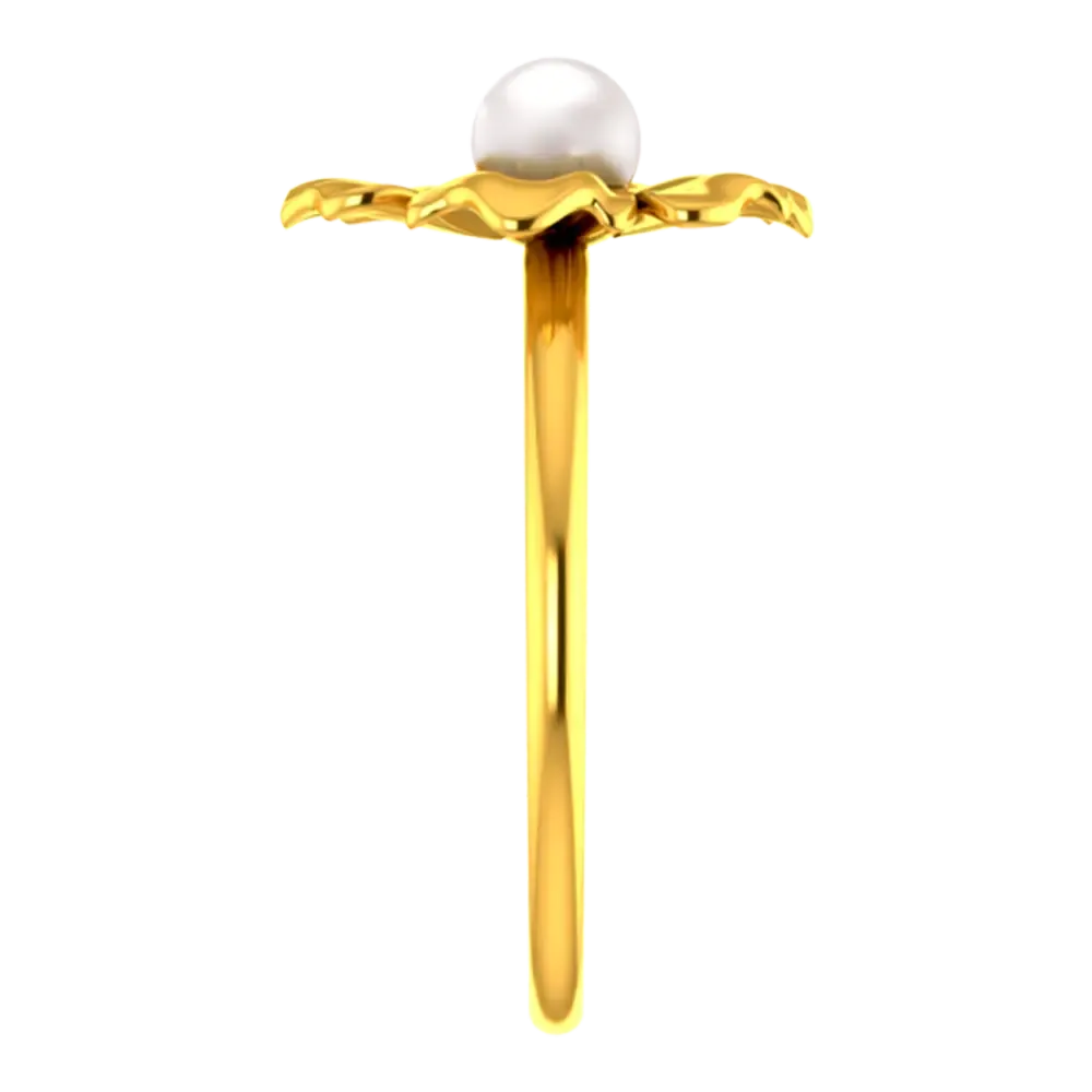 14k Solid Gold Ring With A Floral Motif And A Pearl In Between