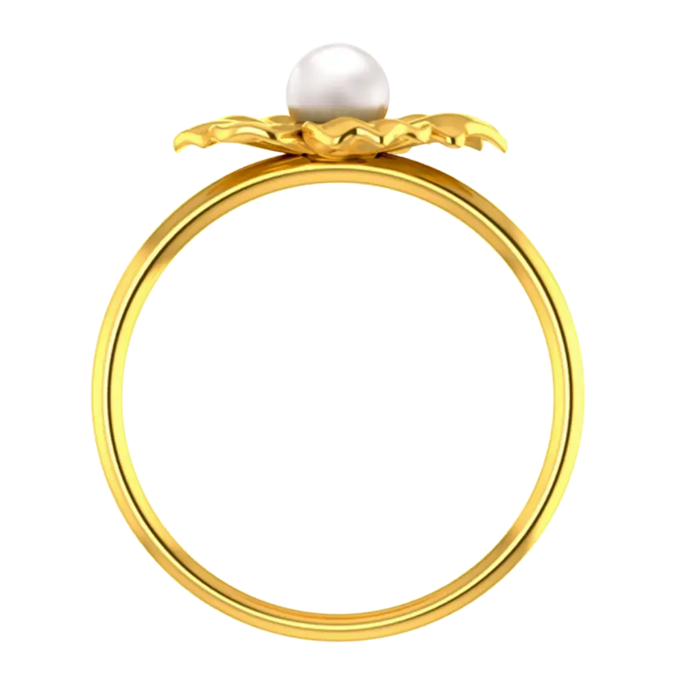 14k Solid Gold Ring With A Floral Motif And A Pearl In Between
