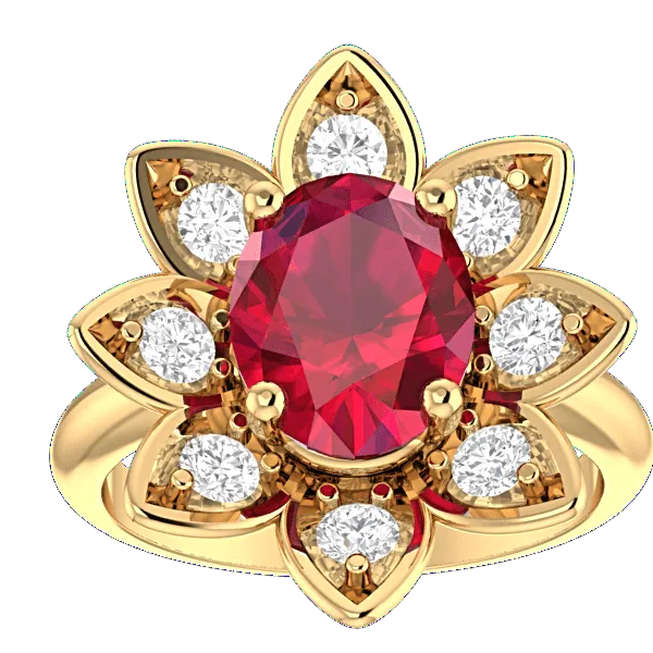 14K Yellow Gold Ruby and Diamond Flower Ring