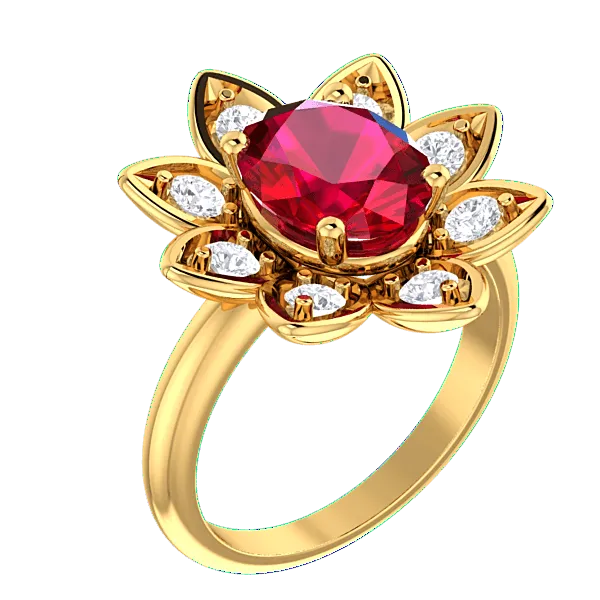 14K Yellow Gold Ruby and Diamond Flower Ring