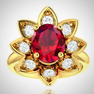 14K Yellow Gold Ruby and Diamond Flower Ring