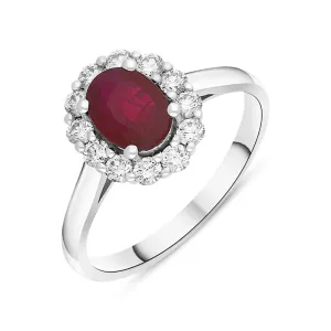18ct White Gold 0.98ct Ruby Diamond Oval Cluster Halo Ring