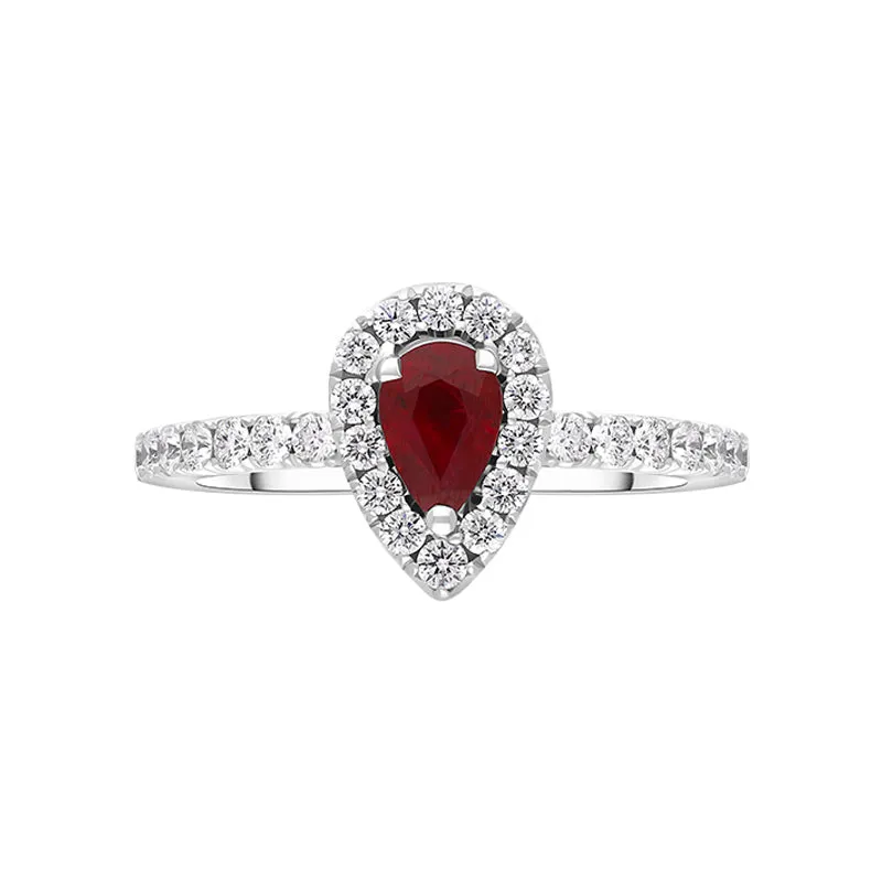 18ct White Gold Ruby Diamond Pear Cluster Shoulder Set Ring