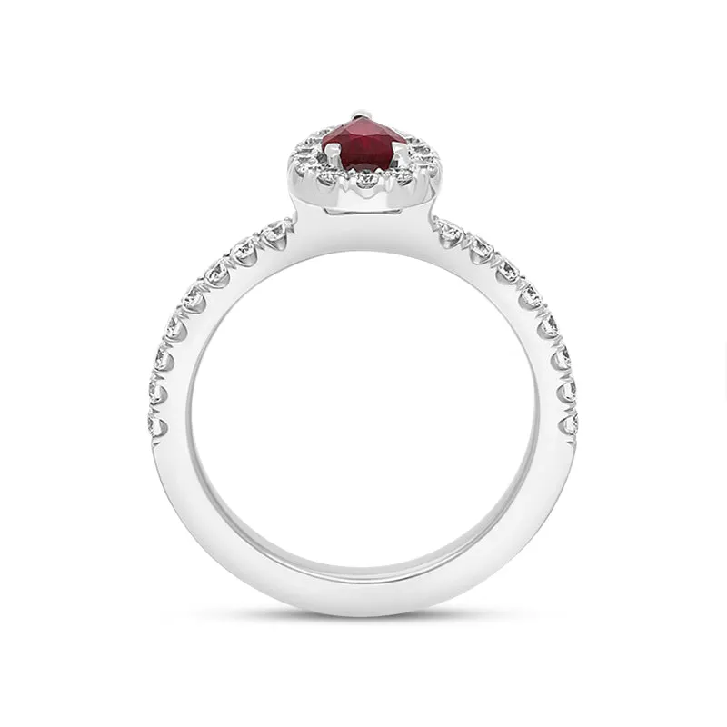 18ct White Gold Ruby Diamond Pear Cluster Shoulder Set Ring