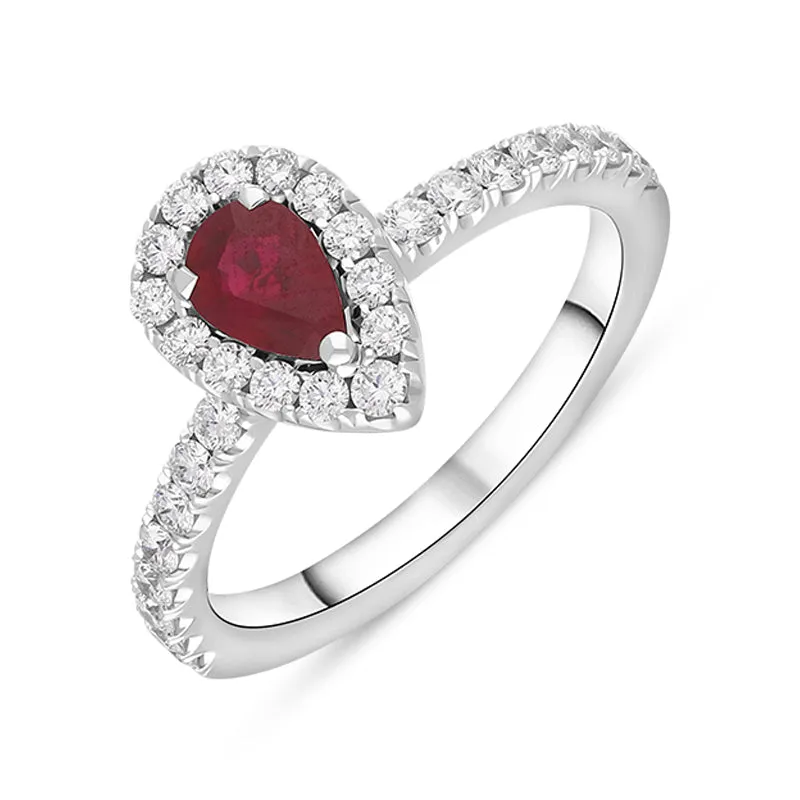 18ct White Gold Ruby Diamond Pear Cluster Shoulder Set Ring
