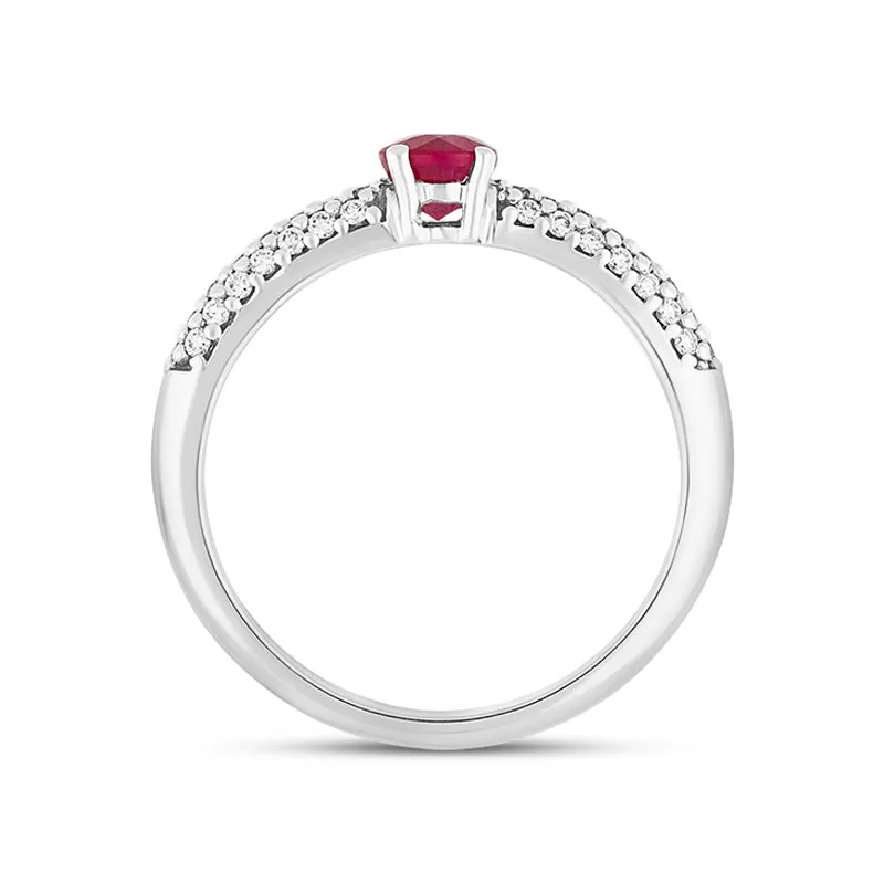 18ct White Gold Ruby Diamond Shoulder Set Ring