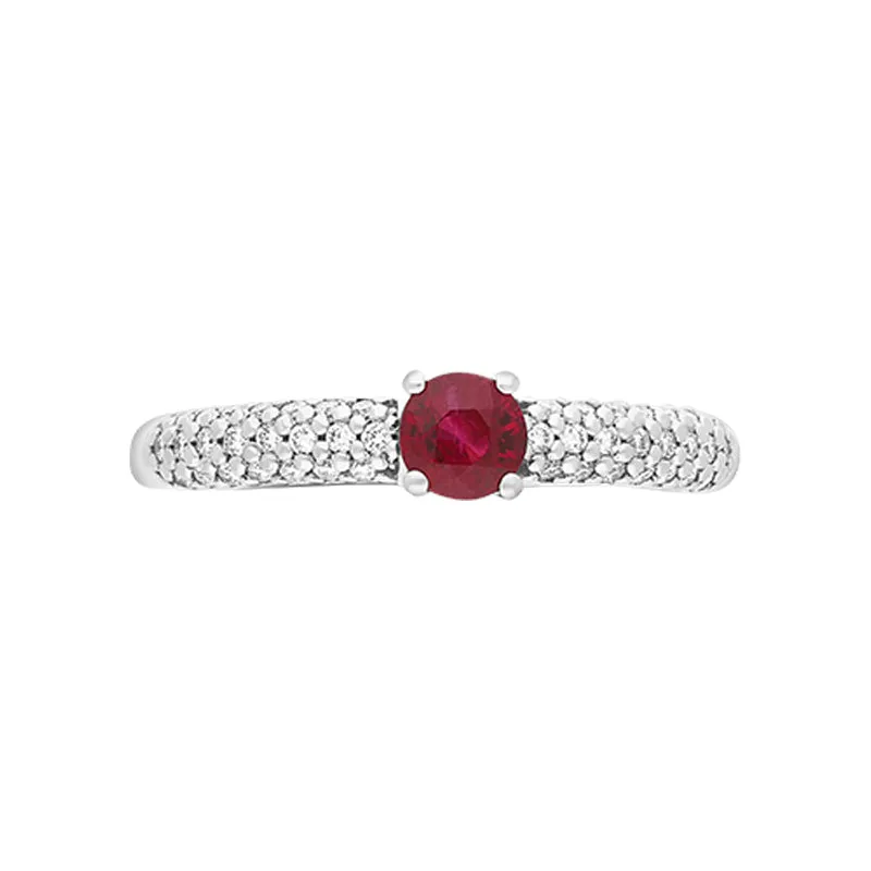 18ct White Gold Ruby Diamond Shoulder Set Ring
