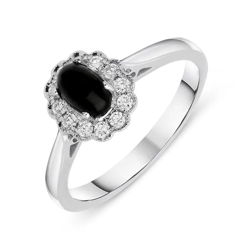 18ct White Gold Whitby Jet 0.16ct Diamond Milgrain Cluster Ring