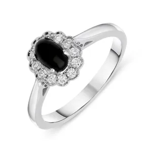 18ct White Gold Whitby Jet 0.16ct Diamond Milgrain Cluster Ring