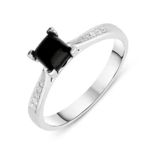 18ct White Gold Whitby Jet Diamond Cushion Shaped Ring