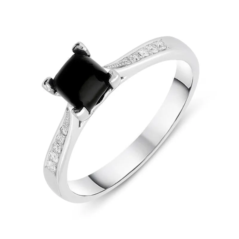 18ct White Gold Whitby Jet Diamond Cushion Shaped Ring