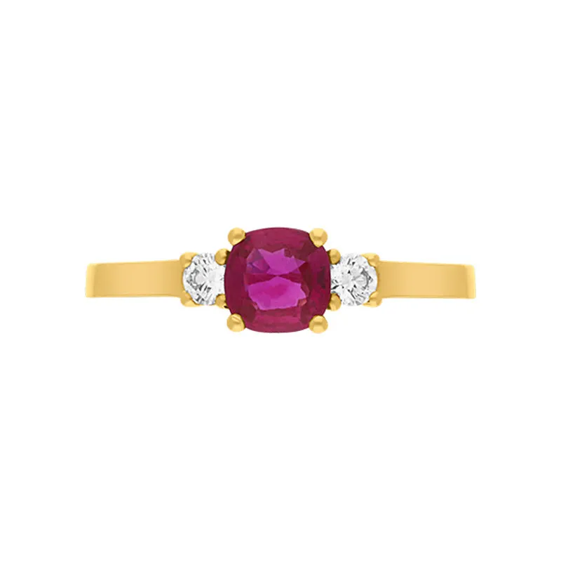 18ct Yellow Gold Ruby Diamond Three Stone Cushion Ring