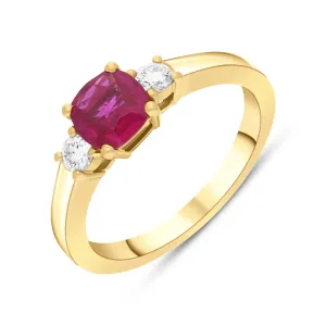 18ct Yellow Gold Ruby Diamond Three Stone Cushion Ring