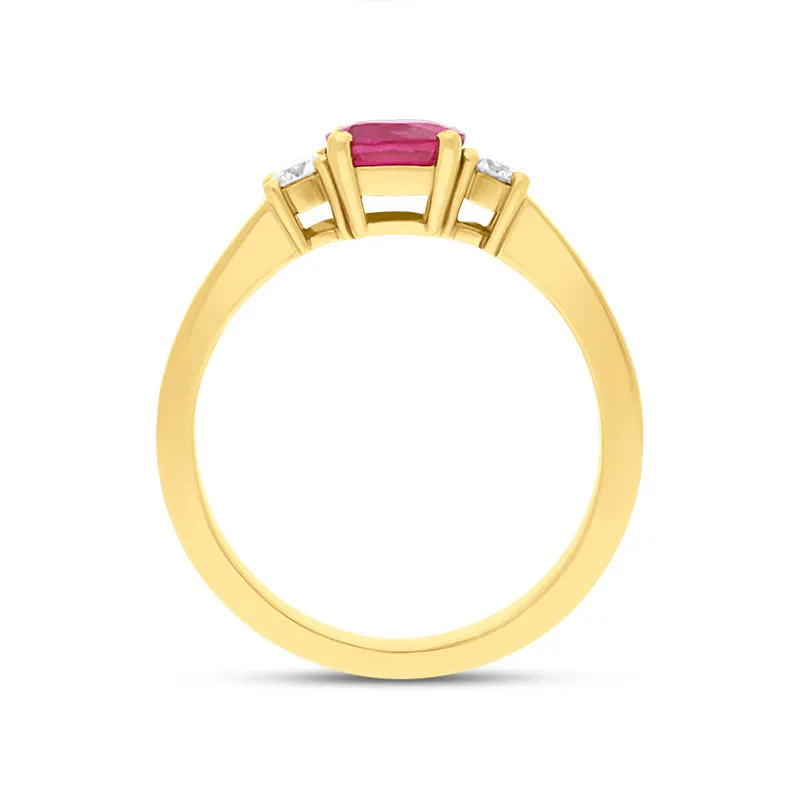 18ct Yellow Gold Ruby Diamond Three Stone Cushion Ring