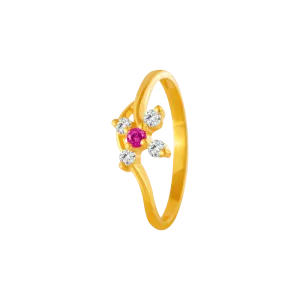 22KT Yellow Gold, American Diamond And Ruby Ring For Women