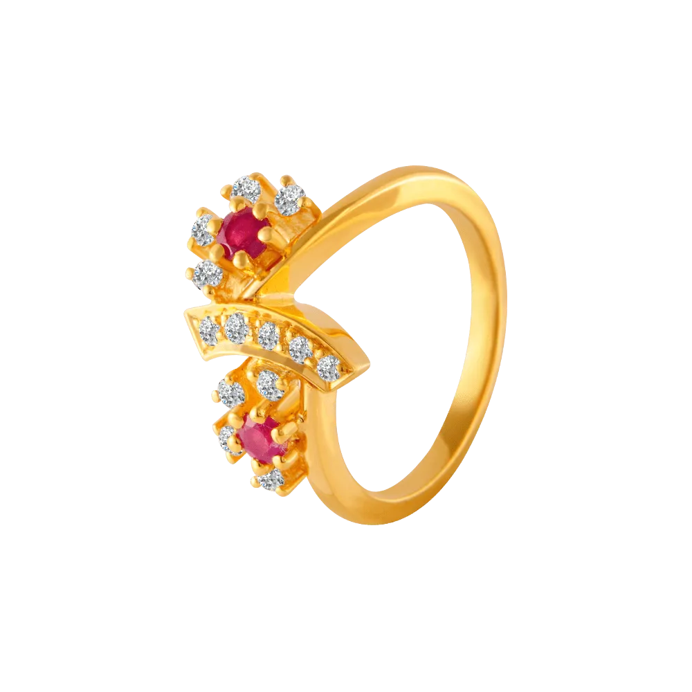 22KT Yellow Gold, American Diamond And Ruby Ring For Women