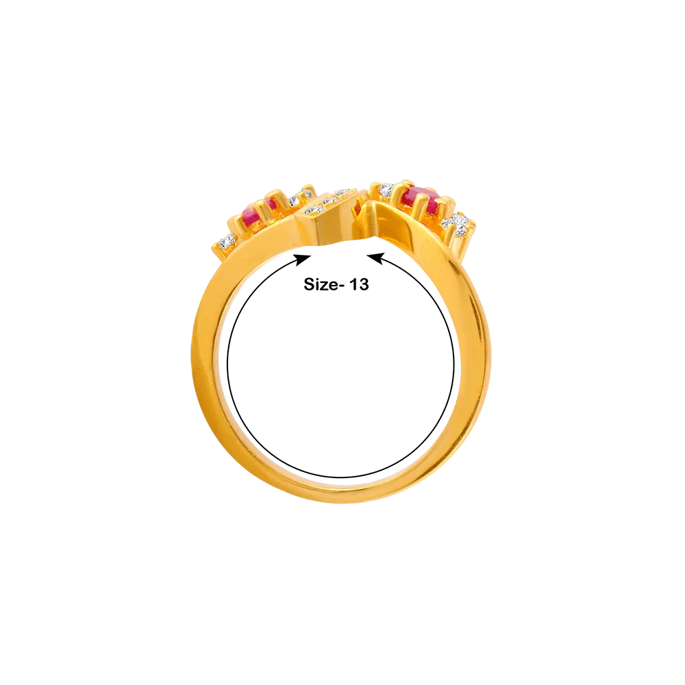22KT Yellow Gold, American Diamond And Ruby Ring For Women