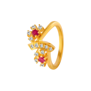 22KT Yellow Gold, American Diamond And Ruby Ring For Women