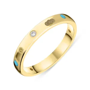 9ct Yellow Gold 0.06ct Diamond Turquoise King's Coronation Hallmark 3mm Ring D