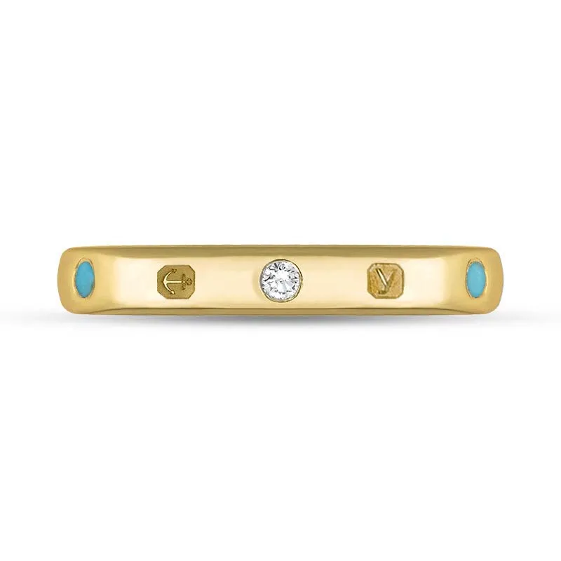 9ct Yellow Gold 0.06ct Diamond Turquoise King's Coronation Hallmark 3mm Ring D