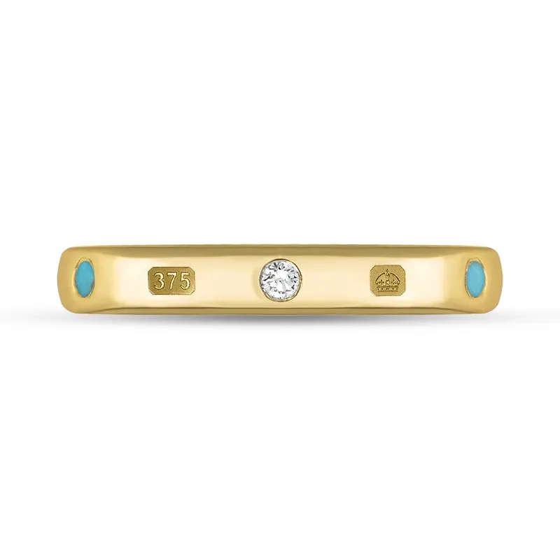 9ct Yellow Gold 0.06ct Diamond Turquoise King's Coronation Hallmark 3mm Ring D