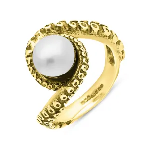 9ct Yellow Gold Freshwater Pearl Bead Twist Tentacle Ring
