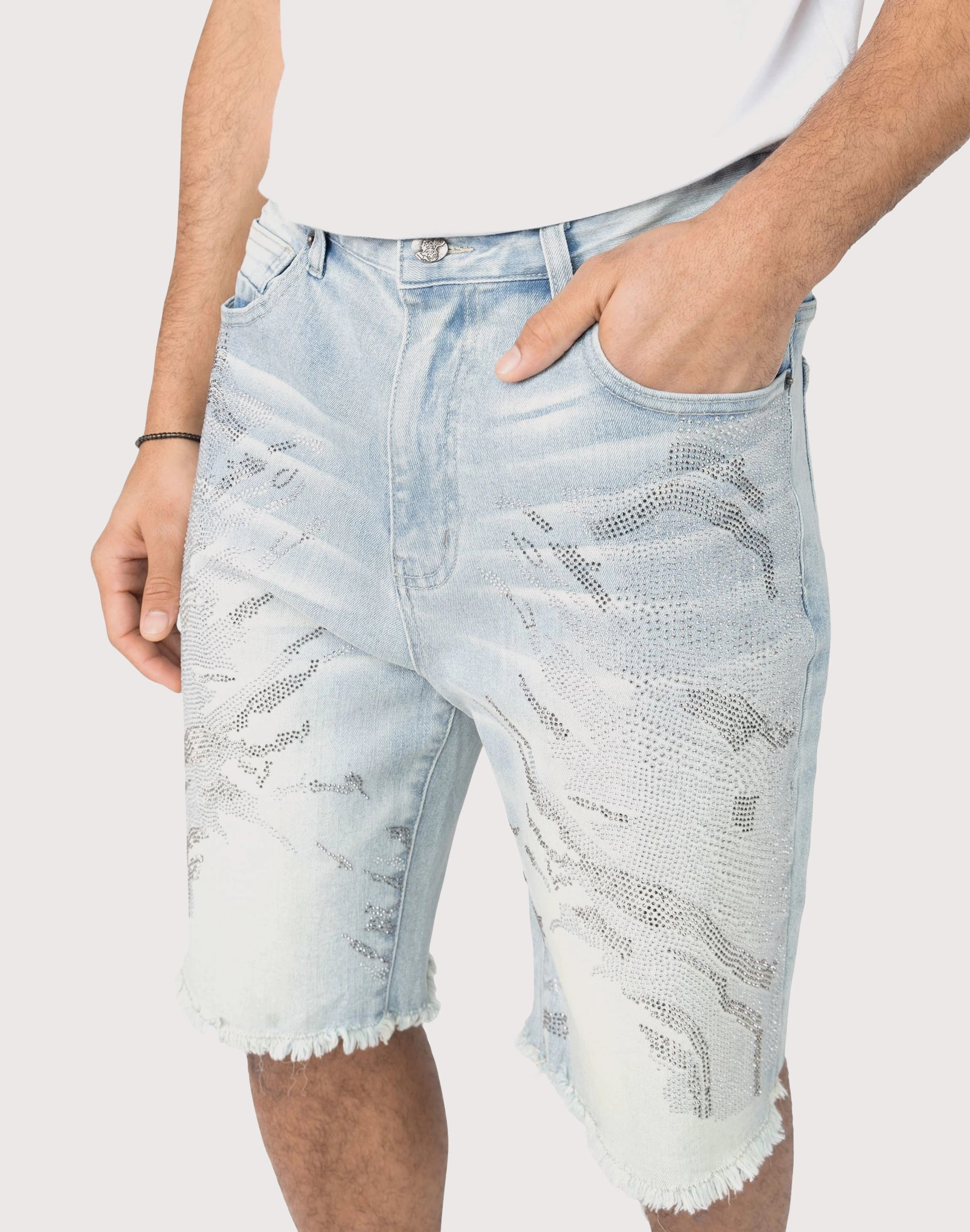 Swimwear selections Grindhouse Lucent Blue Rhinestone Denim Shorts Clearance fashion