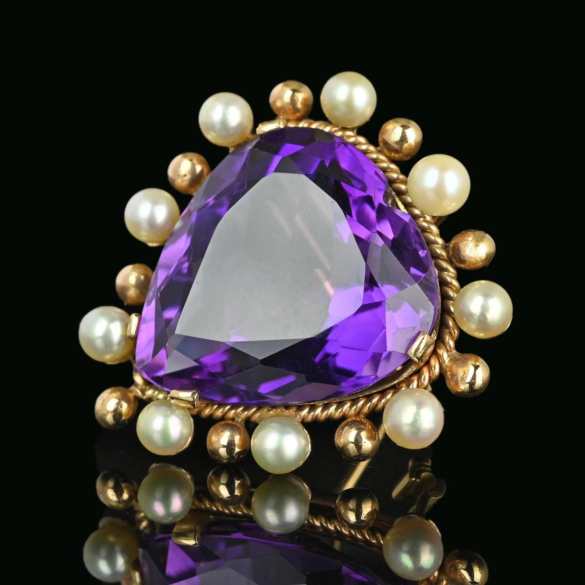 Antique 14K Gold Pearl Amethyst Heart Brooch Pendant