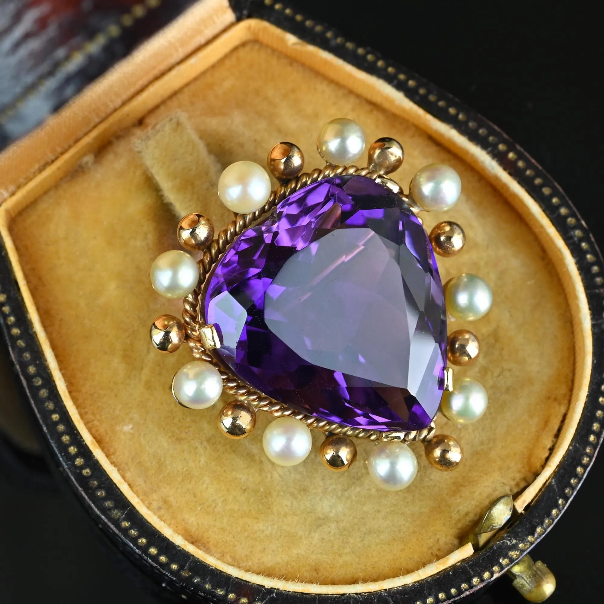 Antique 14K Gold Pearl Amethyst Heart Brooch Pendant