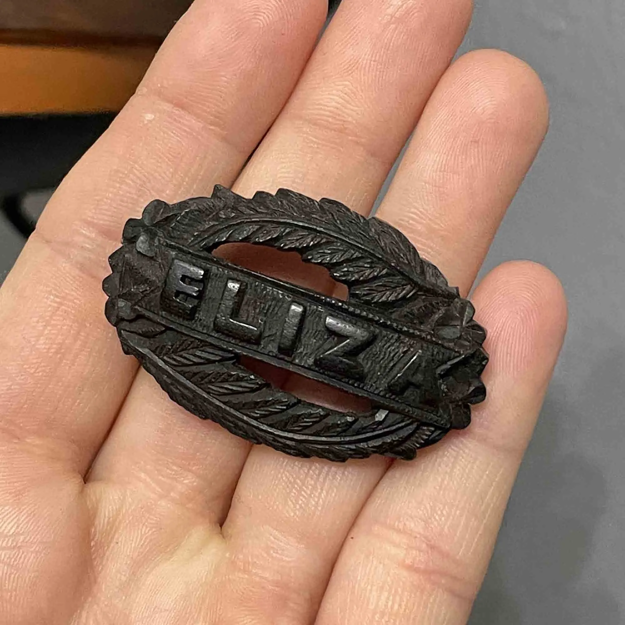 Antique Fern Frond Eliza Carved Bog Oak Brooch