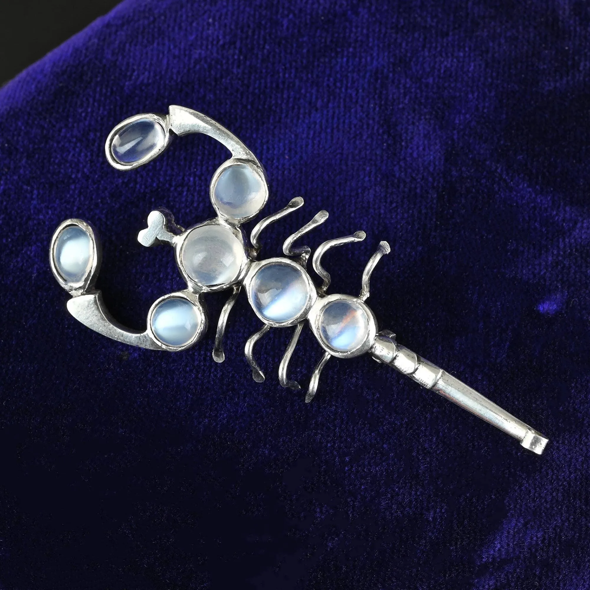 Antique Silver Cabochon Moonstone Scorpion Brooch