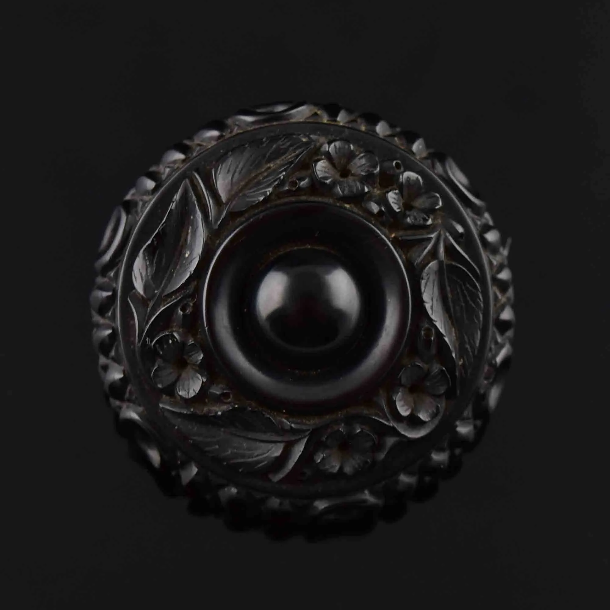 Antique Victorian Carved Whitby Jet Forget Me Not Brooch