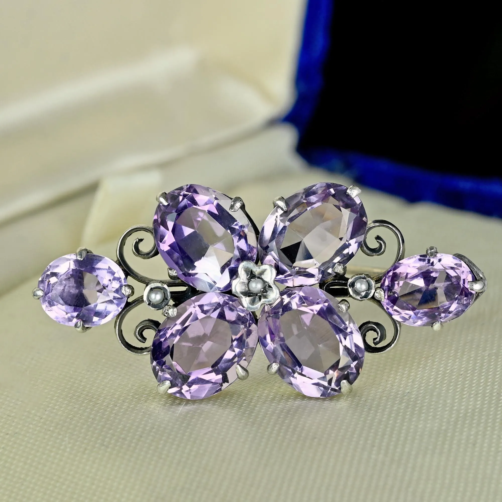Antique Victorian Silver Seed Pearl 10CTW Amethyst Brooch