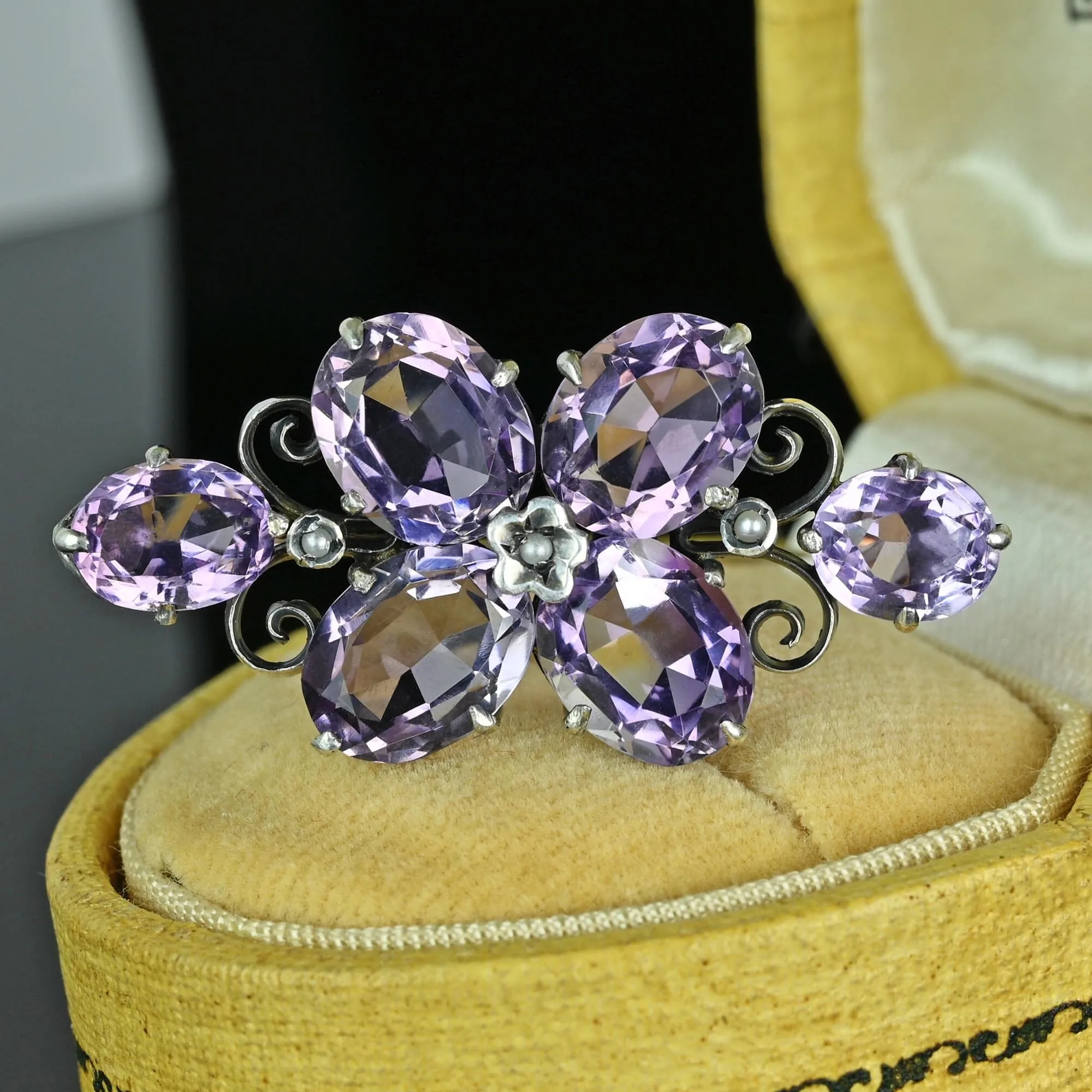 Antique Victorian Silver Seed Pearl 10CTW Amethyst Brooch