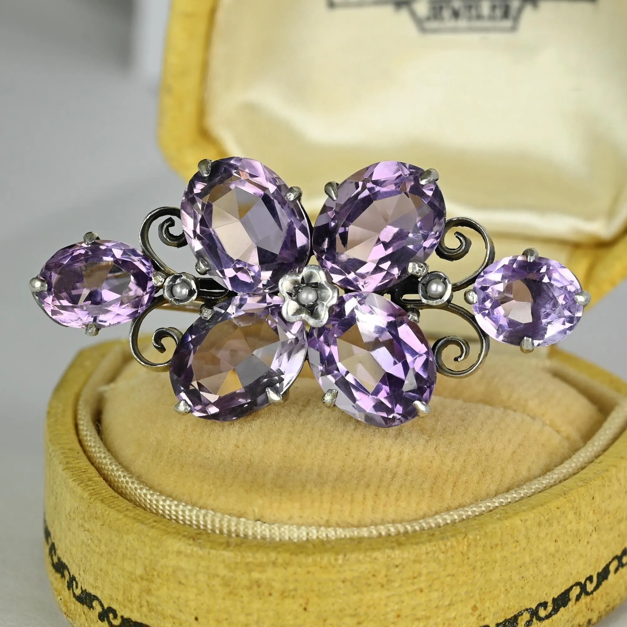 Antique Victorian Silver Seed Pearl 10CTW Amethyst Brooch