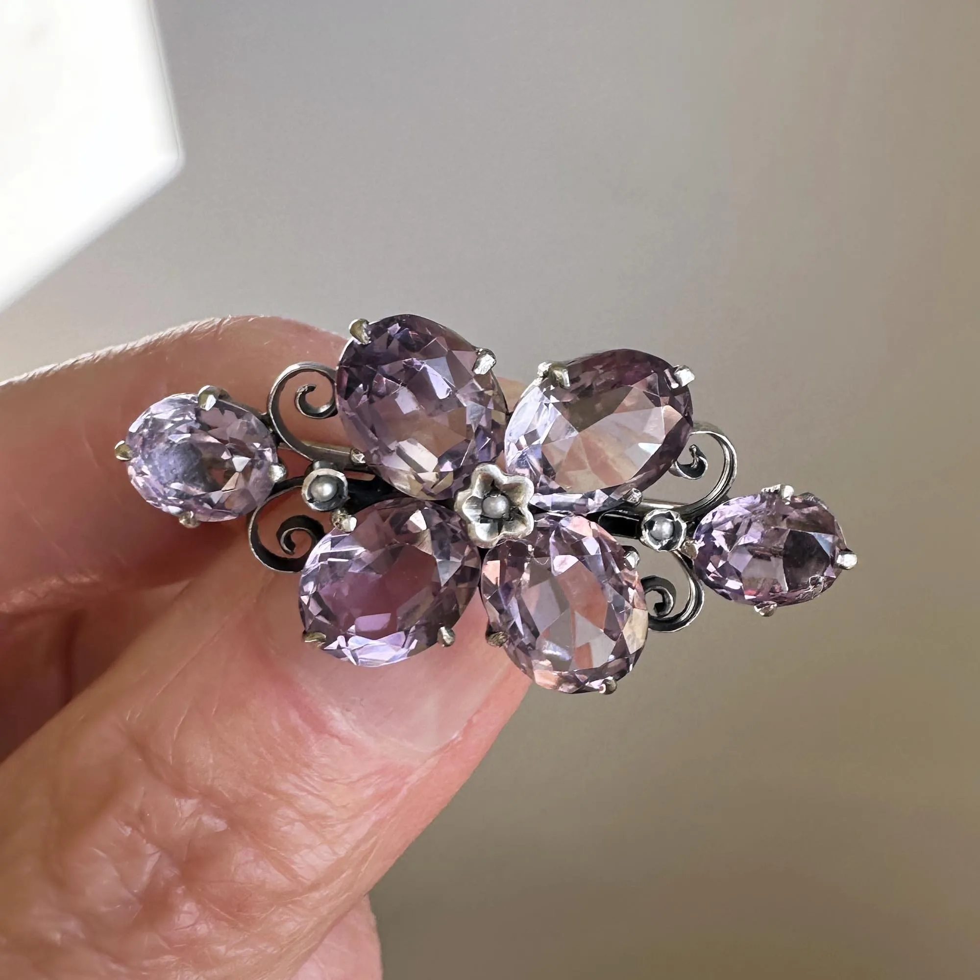 Antique Victorian Silver Seed Pearl 10CTW Amethyst Brooch