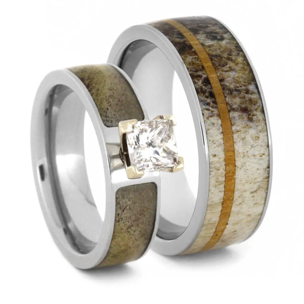 Antler Wedding Ring Set with Princess-Cut Moissanite Engagement Ring