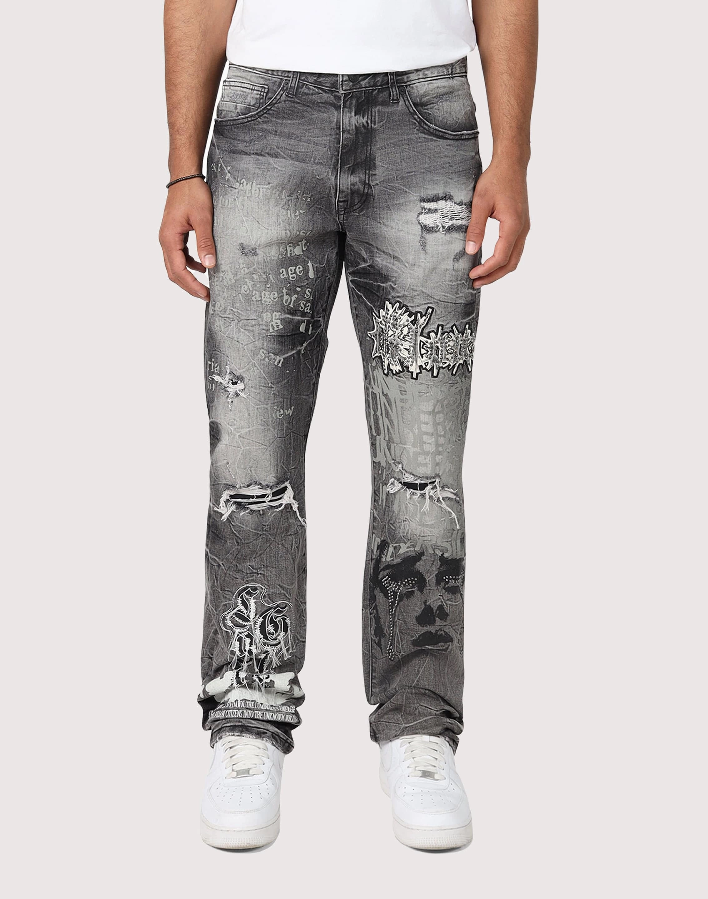 Embroidered fashion Grindhouse Straight Fit Rip N Repair Embossed Denim Jeans Quality apparel
