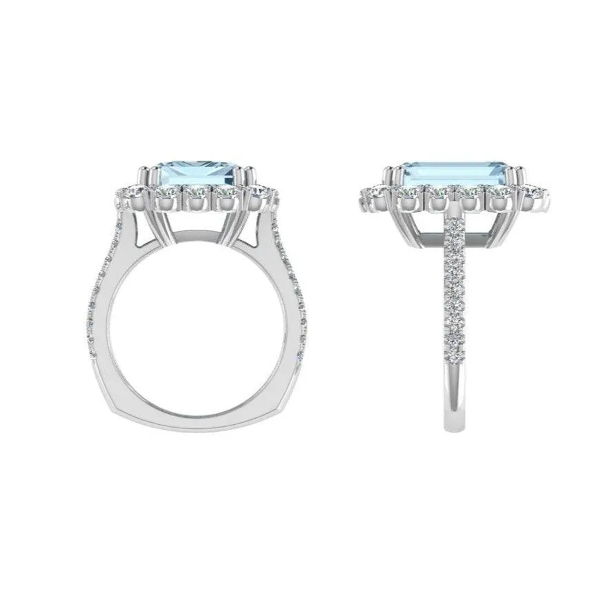 Aquamarine and Diamond Halo Ring 14K Gold