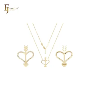Arrow of heart crossing heart of white CZs 14K Gold, Rose Gold Necklace