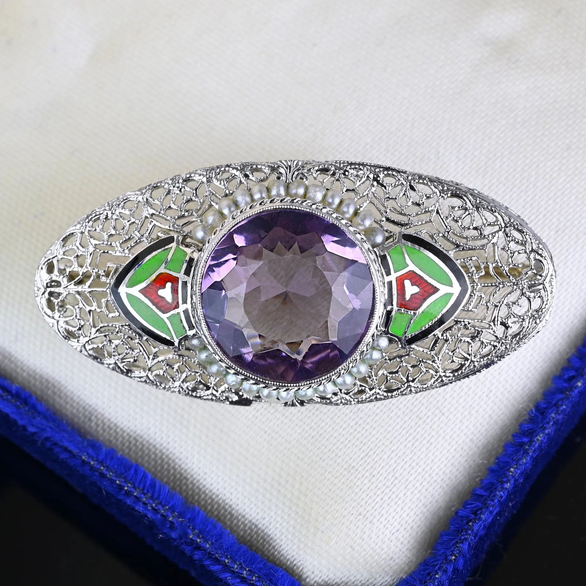 Art Deco Platinum 14K White Gold Enamel Amethyst Brooch