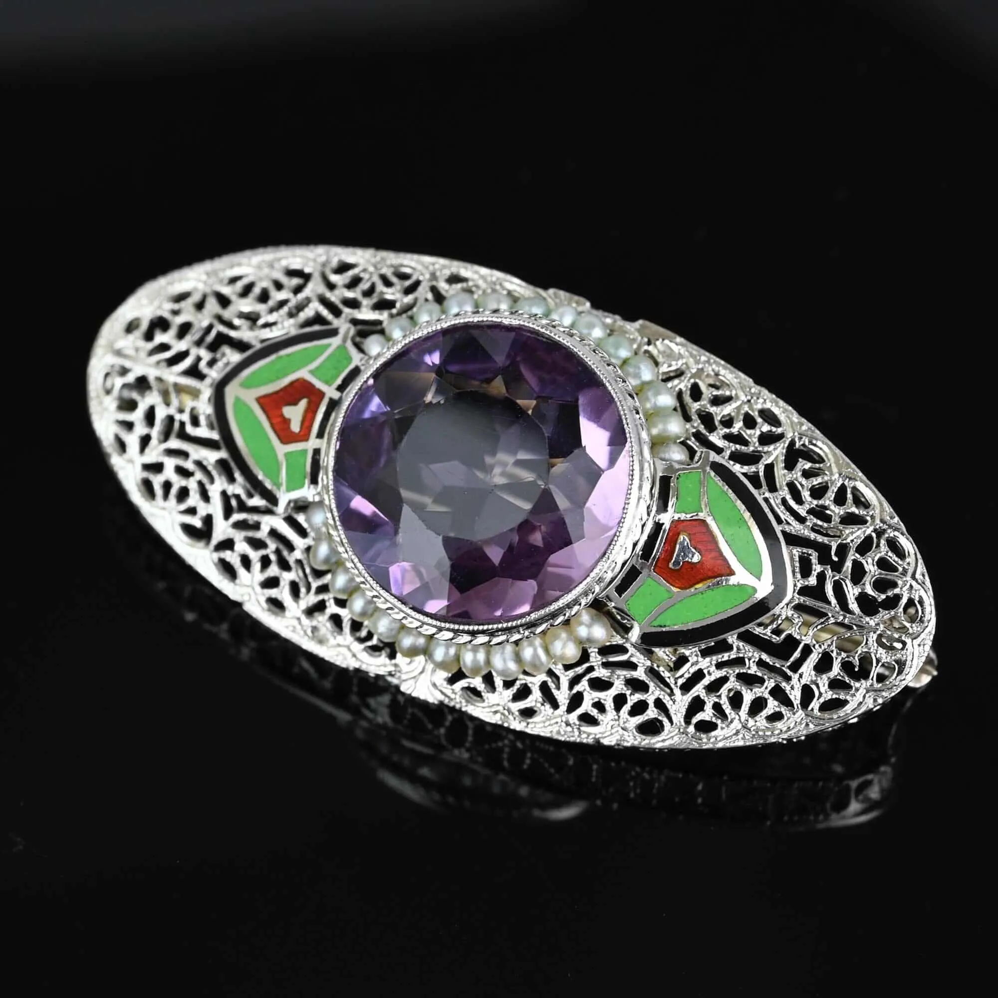 Art Deco Platinum 14K White Gold Enamel Amethyst Brooch