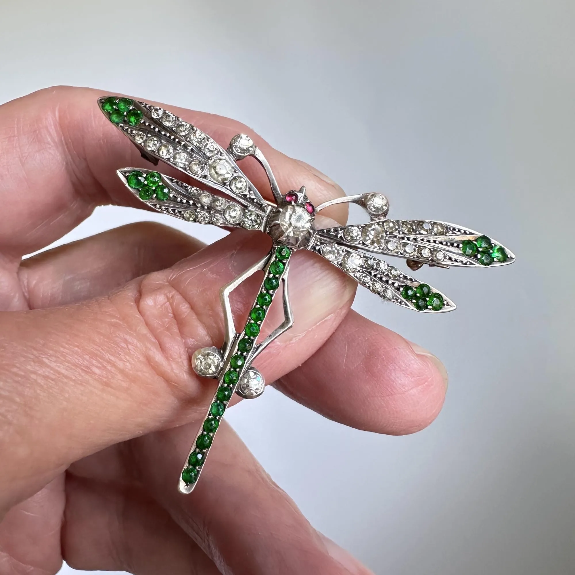 Art Deco Ruby Diamond Emerald Paste Dragonfly Brooch