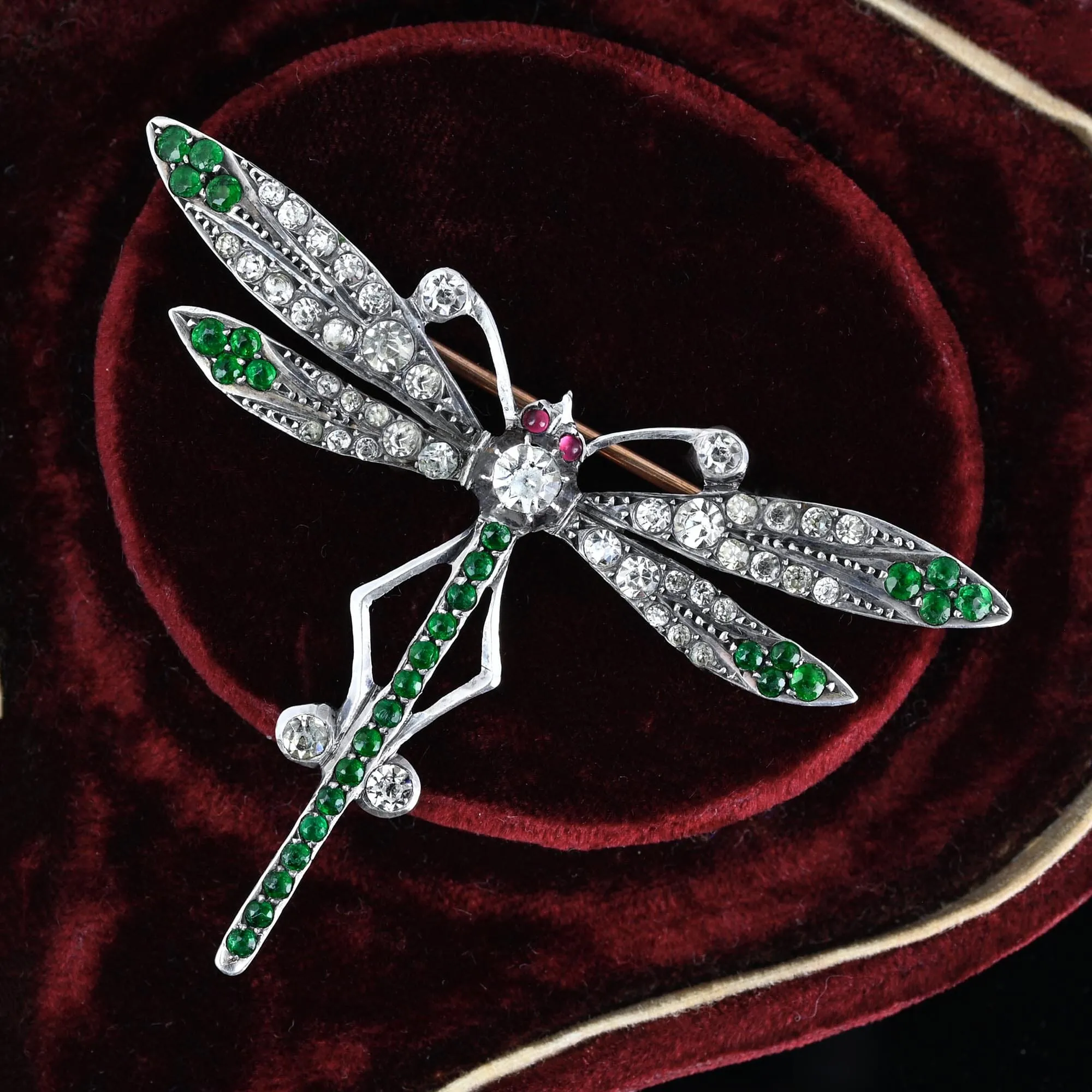 Art Deco Ruby Diamond Emerald Paste Dragonfly Brooch