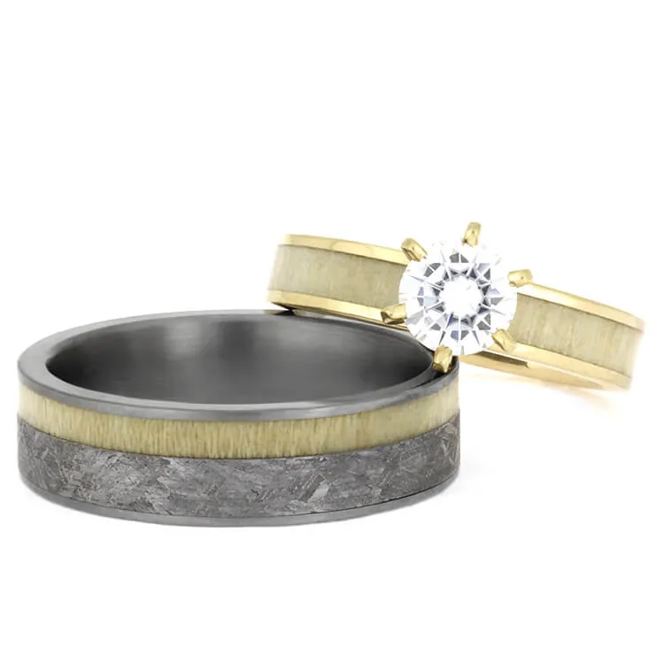Aspen Wood Wedding Ring Set, Yellow Gold Moissanite Engagement with Meteorite Wedding Band