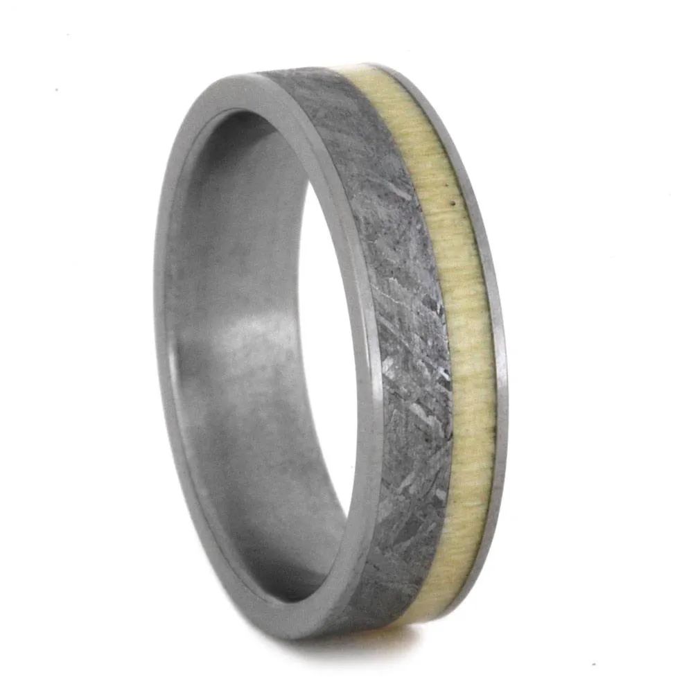 Aspen Wood Wedding Ring Set, Yellow Gold Moissanite Engagement with Meteorite Wedding Band